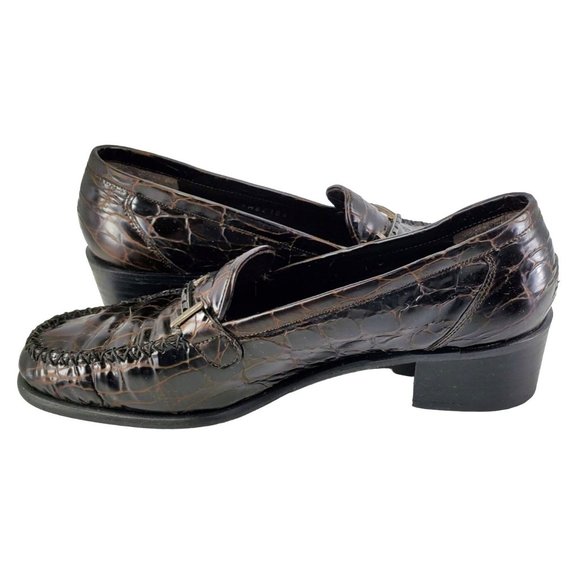 Stuart Weitzman Croc Embossed Patent Leather Brown Low Heel Loafers Womens 7M - Picture 7 of 11